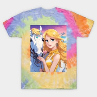 Blonde Anime Girl with White Horse T-Shirt